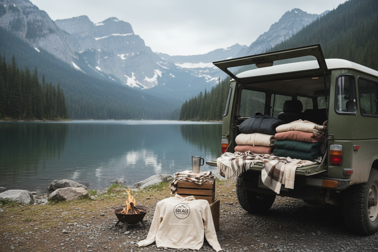 adventurous scene of a vintage SUV parked beside a mountain lake, tailgate open with Solace Comfort Clothing hoodies and blankets neatly stacked, logo visible on one hoodie and on a travel mug, overcast PNW lighting, cinematic outdoor photography style

Use for: brand storytelling or seasonal campaign.